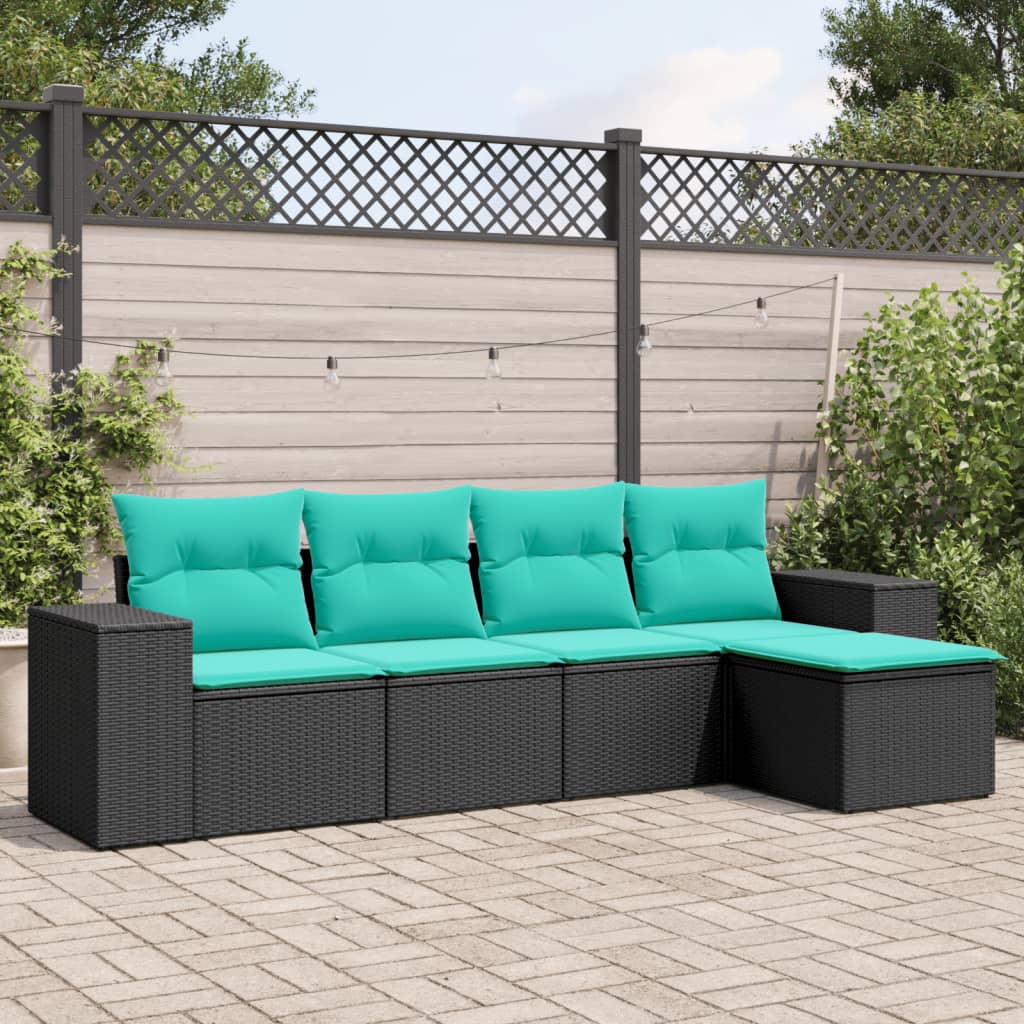 Conjunto de sofá de jardim de 5 peças com almofadas em rattan sintético preto