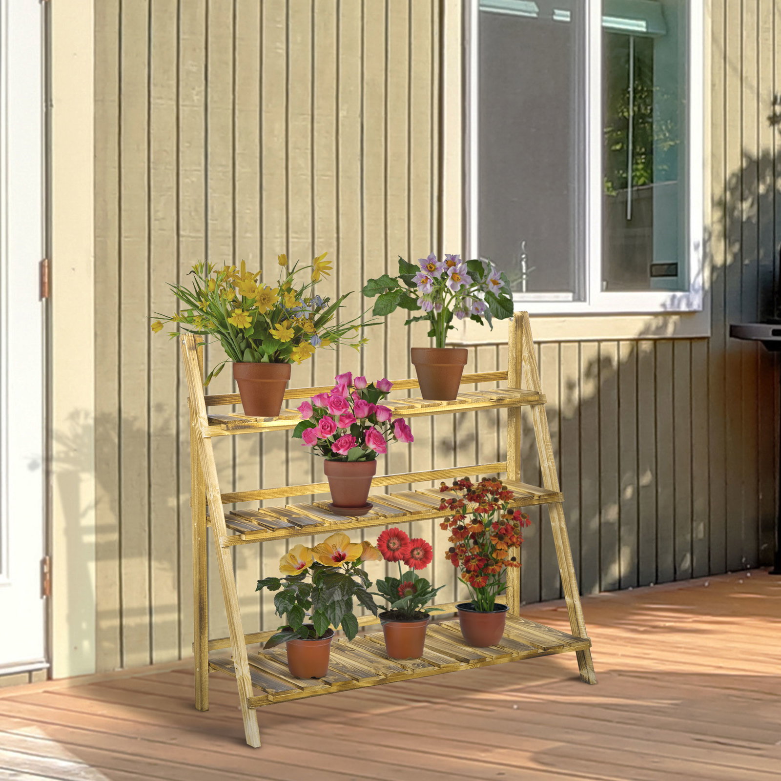 Suporte para plantas de madeira de 3 níveis para interior e exterior terraço e jardim 100x37x93 cm carbonizado