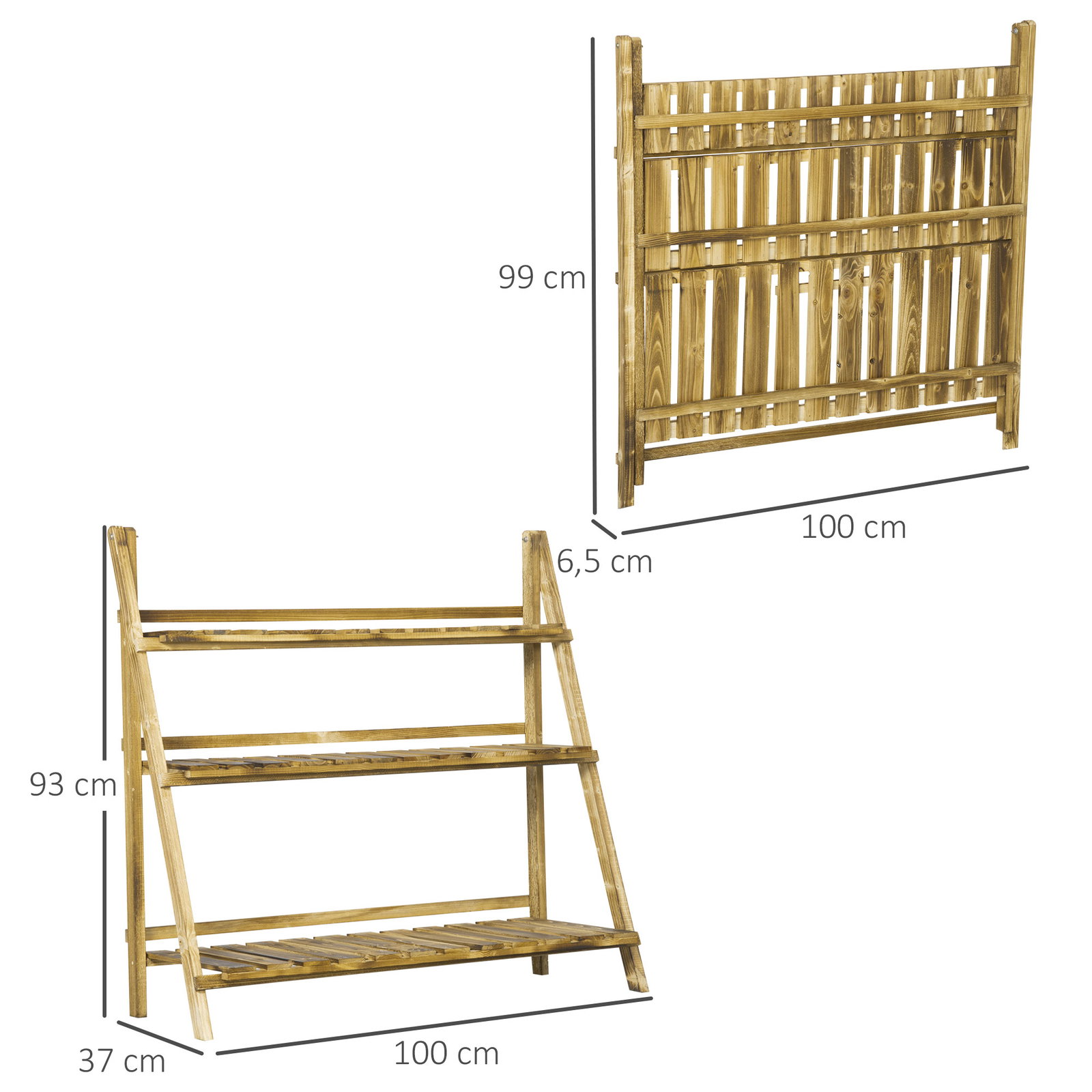 Suporte para plantas de madeira de 3 níveis para interior e exterior terraço e jardim 100x37x93 cm carbonizado