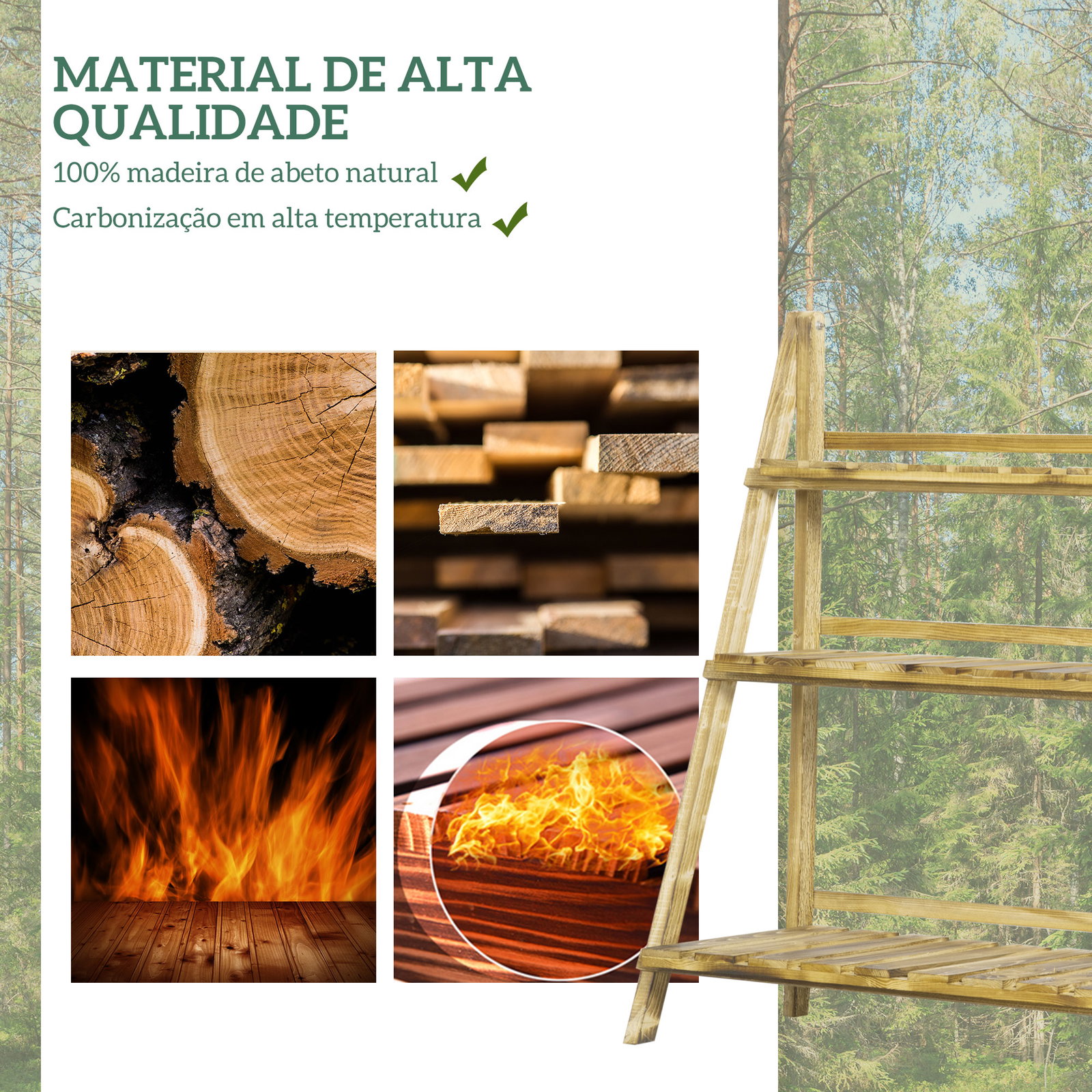 Suporte para plantas de madeira de 3 níveis para interior e exterior terraço e jardim 100x37x93 cm carbonizado