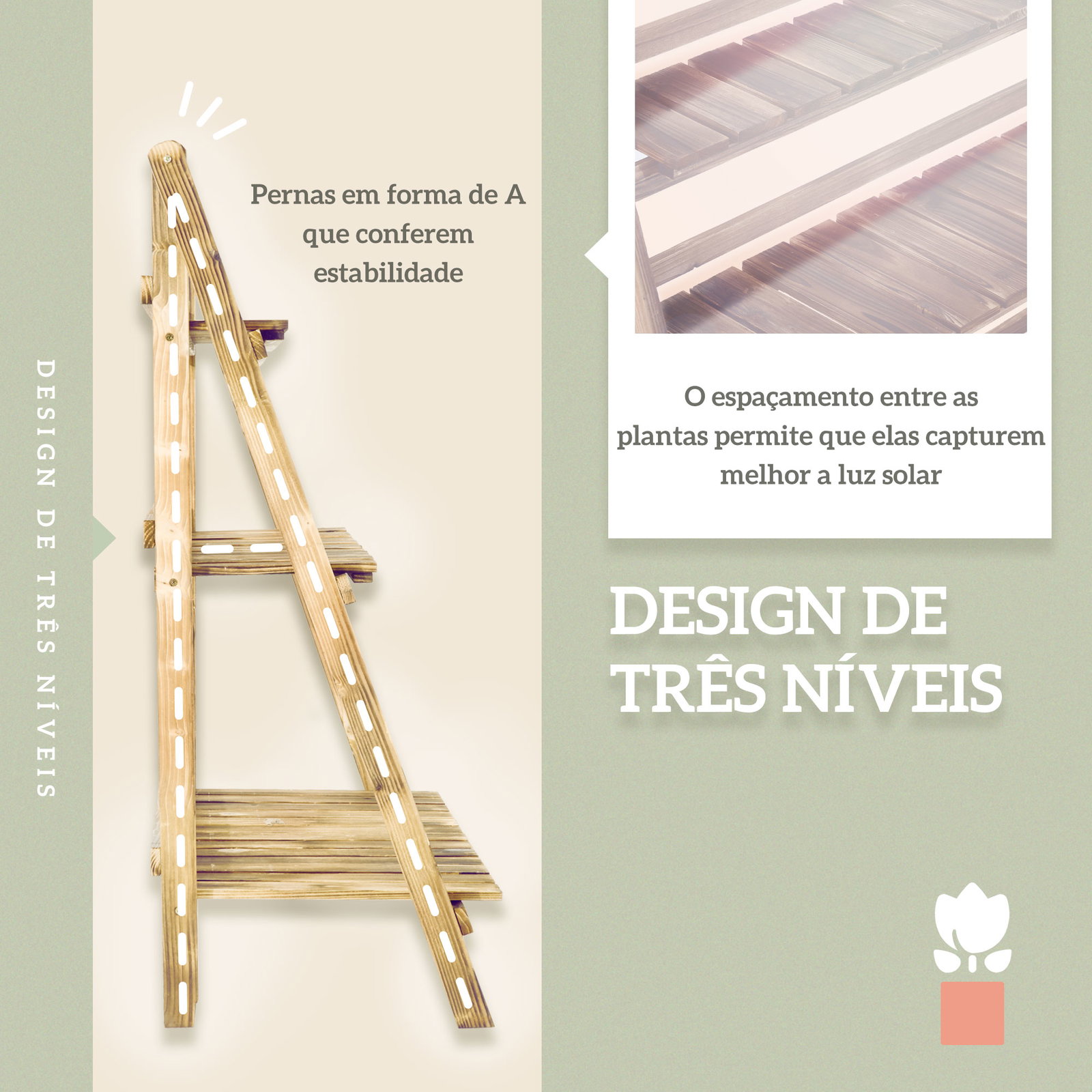 Suporte para plantas de madeira de 3 níveis para interior e exterior terraço e jardim 100x37x93 cm carbonizado