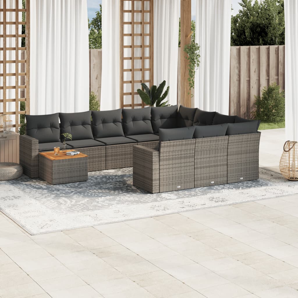 11 Pcs conjunto sofás de jardim c/ almofadões vime PE cinzento
