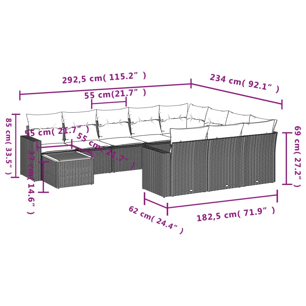 11 Pcs conjunto sofás de jardim c/ almofadões vime PE cinzento