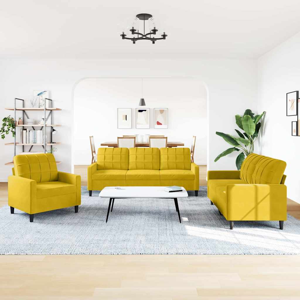 3 Pcs conjunto de sofás com almofadões veludo amarelo