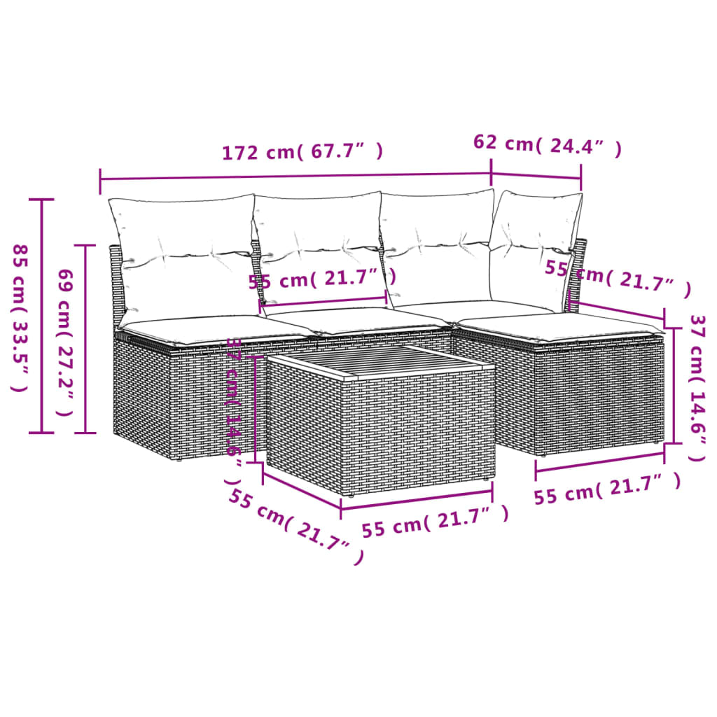 5 Pcs conjunto de sofás p/ jardim com almofadões vime PE bege