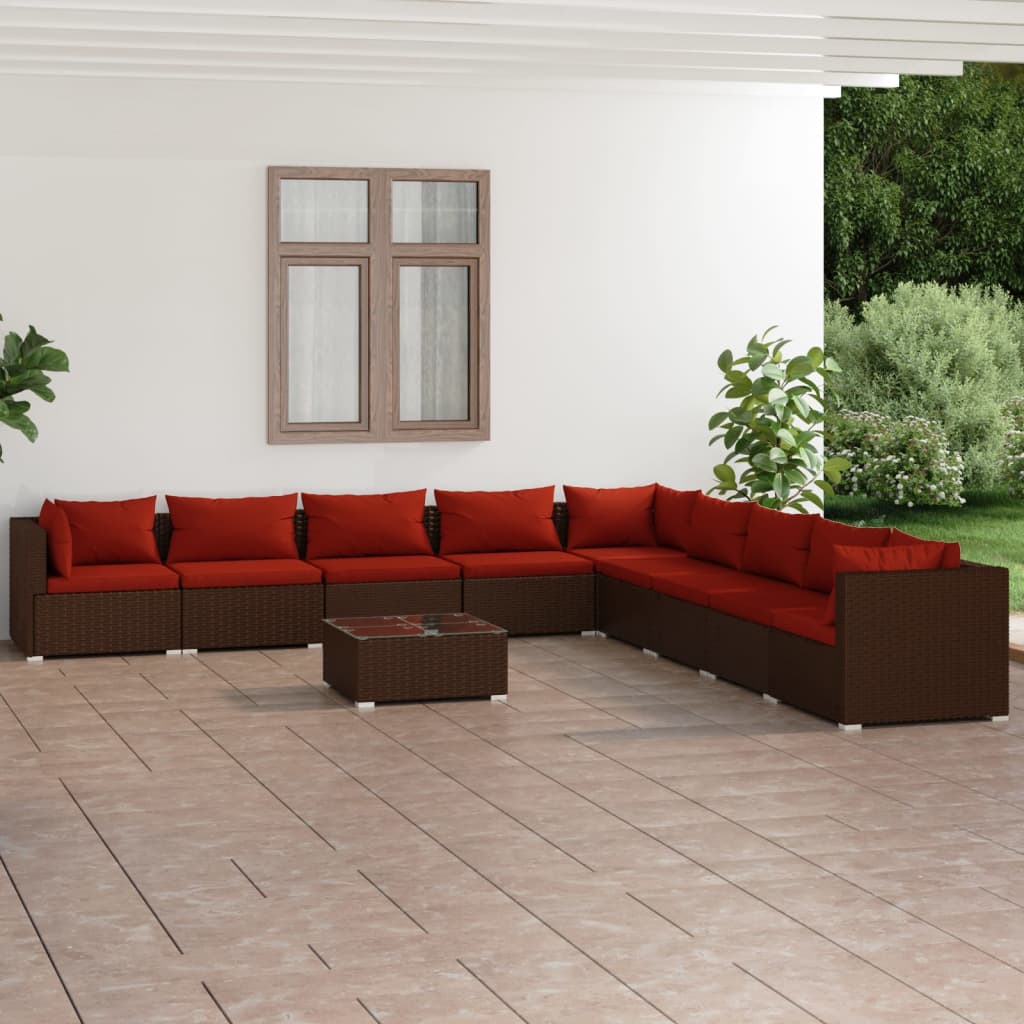 10 Pcs conjunto lounge de jardim c/ almofadões vime PE castanho