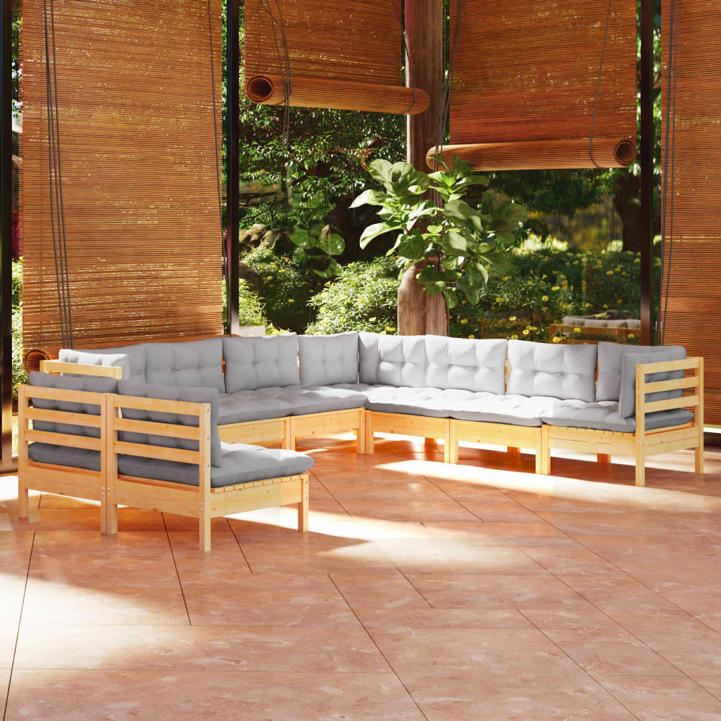 9 Pcs conjunto lounge de jardim + almofadões cinza pinho maciço