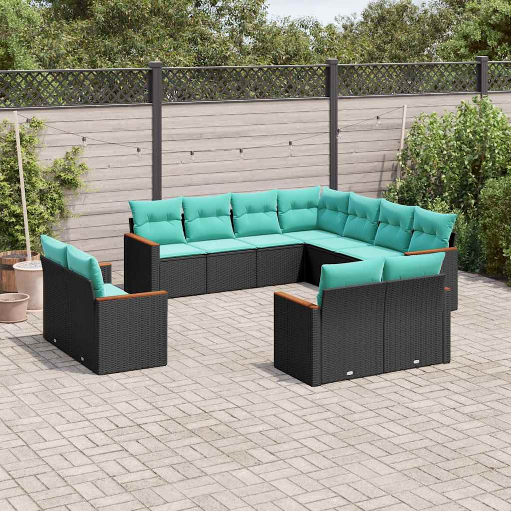 Conjunto de sofá de jardim com 11 peças e almofadas em rattan sintético preto