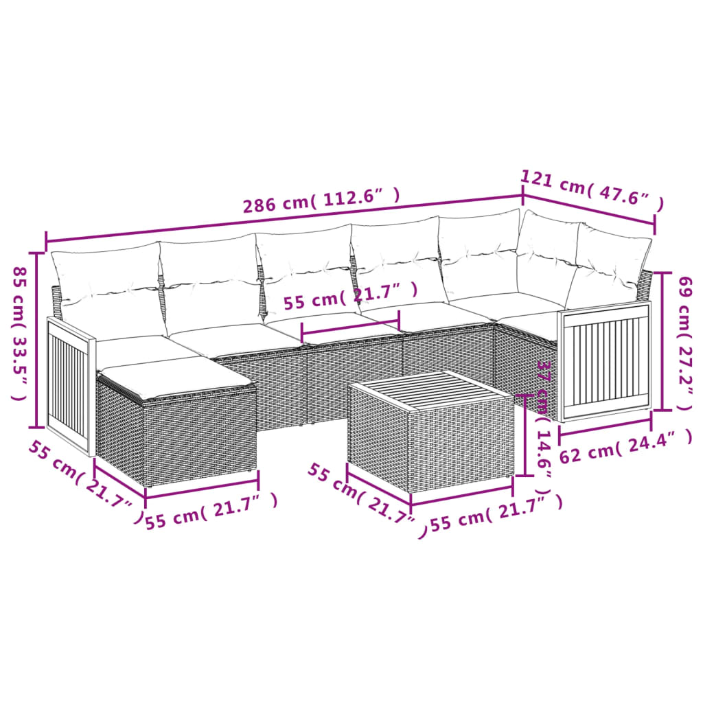 8 Pcs conjunto sofás de jardim com almofadões vime PE preto