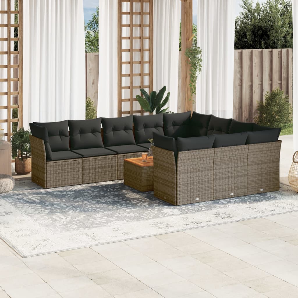 11 Pcs conjunto sofás de jardim c/ almofadões vime PE cinzento