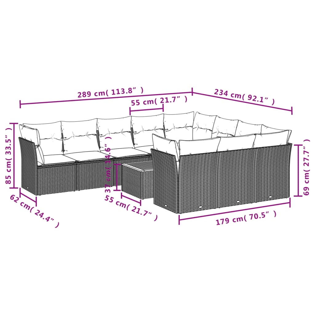 11 Pcs conjunto sofás de jardim c/ almofadões vime PE cinzento