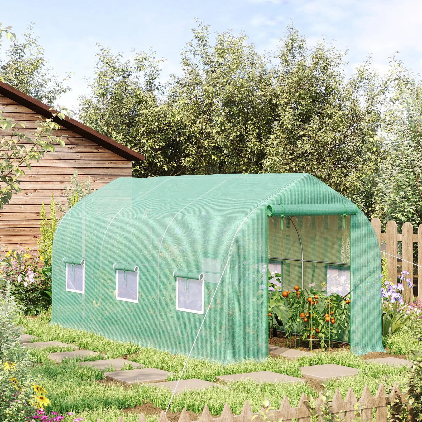 Estufa Tipo Túnel 400x200x200cm Estufa de Jardim com 6 Janelas Transpiráveis e Portas Enrolável com Zíper para Cultivo de Planta