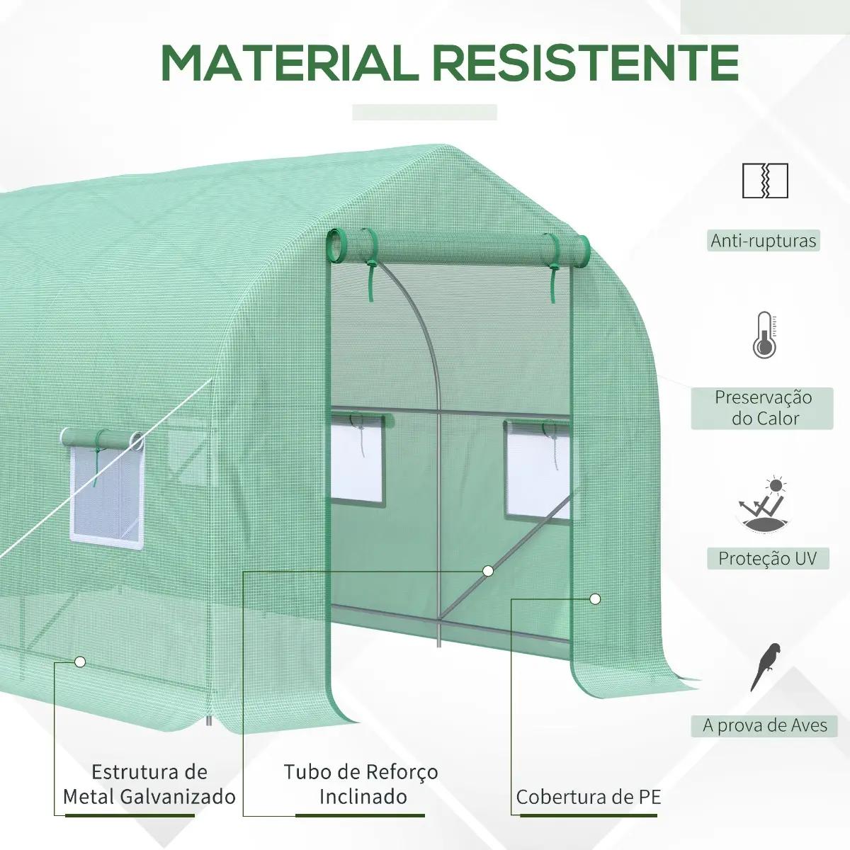 Estufa Tipo Túnel 400x200x200cm Estufa de Jardim com 6 Janelas Transpiráveis e Portas Enrolável com Zíper para Cultivo de Planta