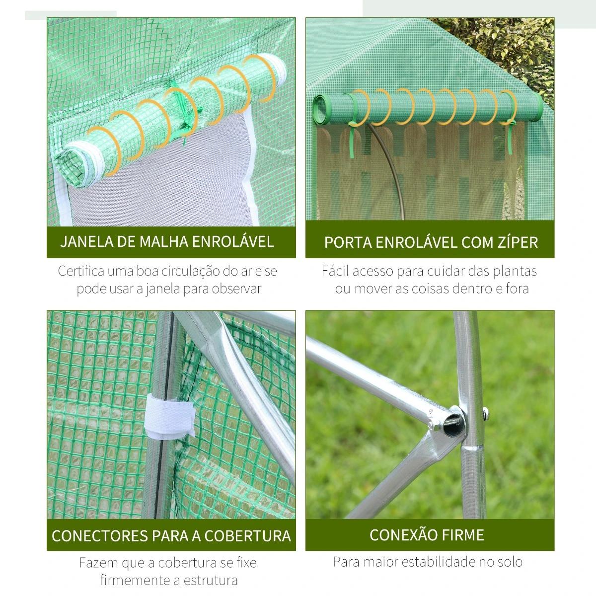 Estufa Tipo Túnel 400x200x200cm Estufa de Jardim com 6 Janelas Transpiráveis e Portas Enrolável com Zíper para Cultivo de Planta
