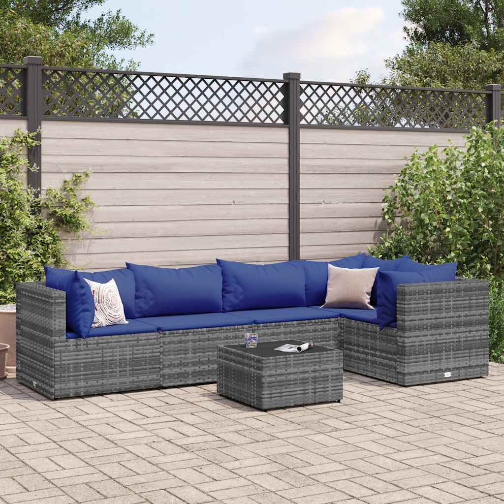 6 Pcs conjunto lounge de jardim c/ almofadões vime PE cinzento