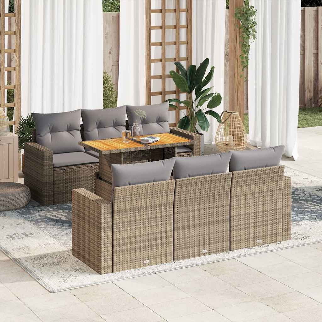 7 Pcs conjunto de sofás p/ jardim com almofadões vime PE bege