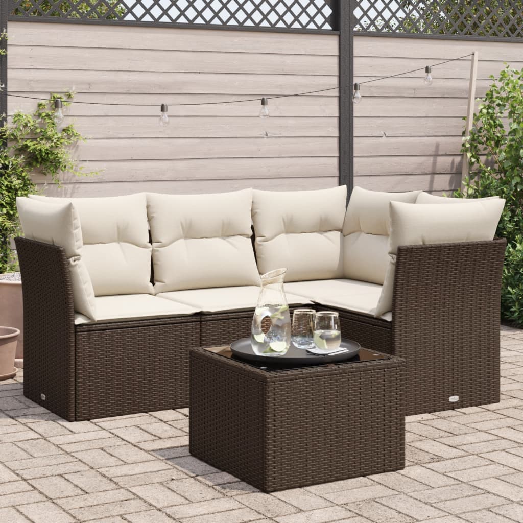 5 Pcs conjunto sofás p/ jardim c/ almofadões vime PE castanho