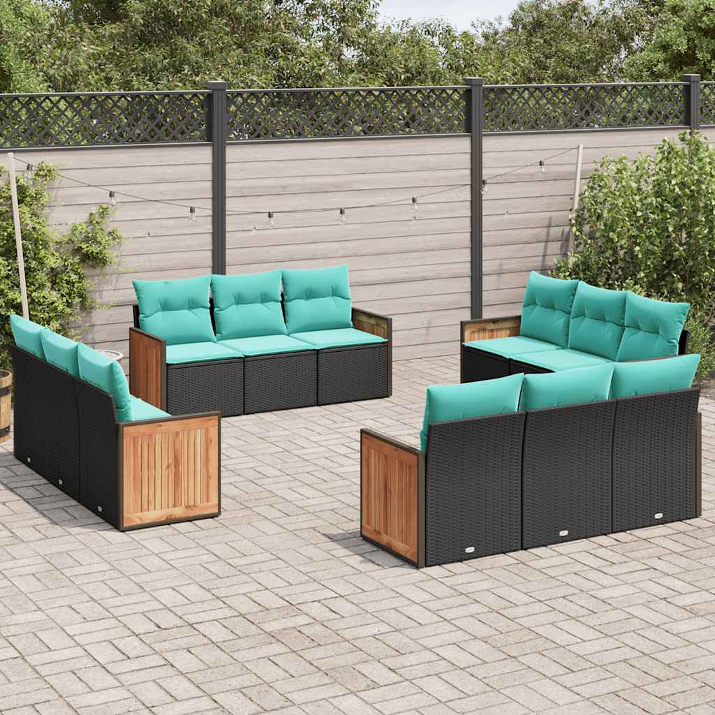 Conjunto de sofá de jardim com 12 peças e almofadas em rattan sintético preto