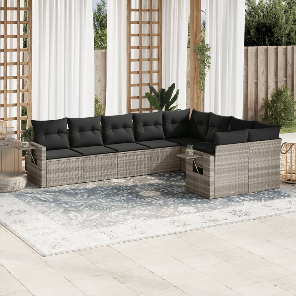 9 Pcs conj. sofás jardim com almofadões vime PE cinzento-claro