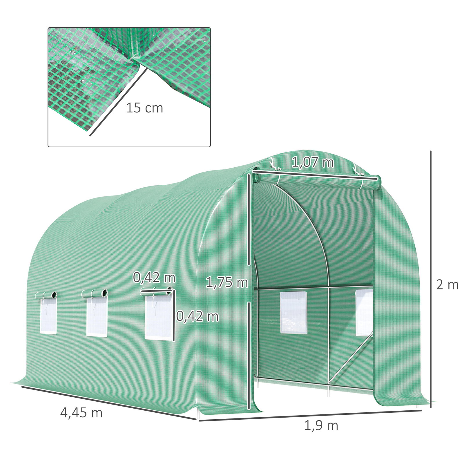 Estufa de Cultivo para Terraço ou Jardim – Cor Verde – Tubo Aço e PE 140g/㎡ - 450x200x200 cm