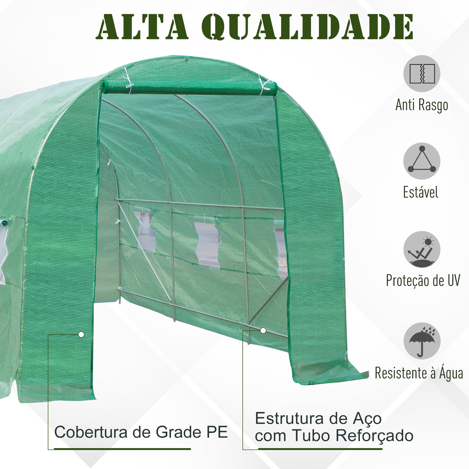 Estufa de Cultivo para Terraço ou Jardim – Cor Verde – Tubo Aço e PE 140g/㎡ - 450x200x200 cm