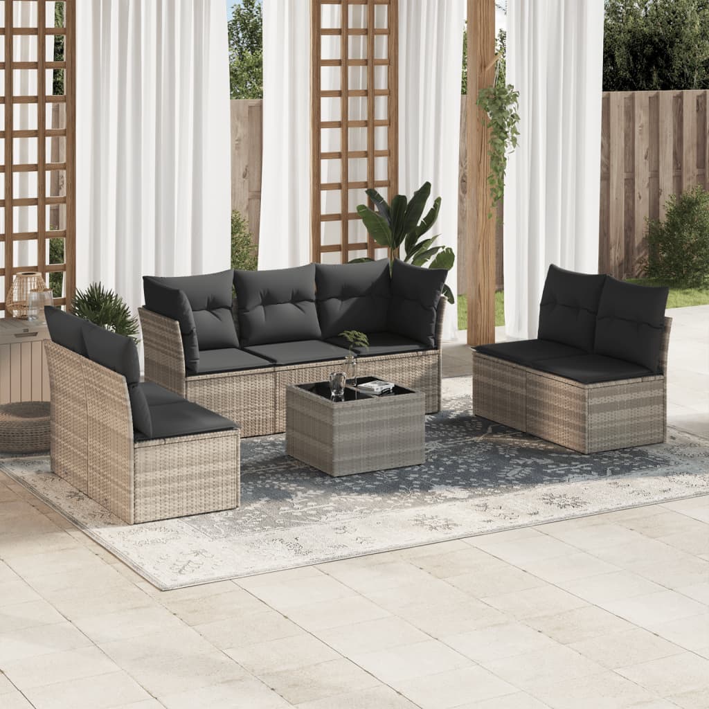 8 Pcs conj. sofás jardim c/ almofadões vime PE cinzento-claro
