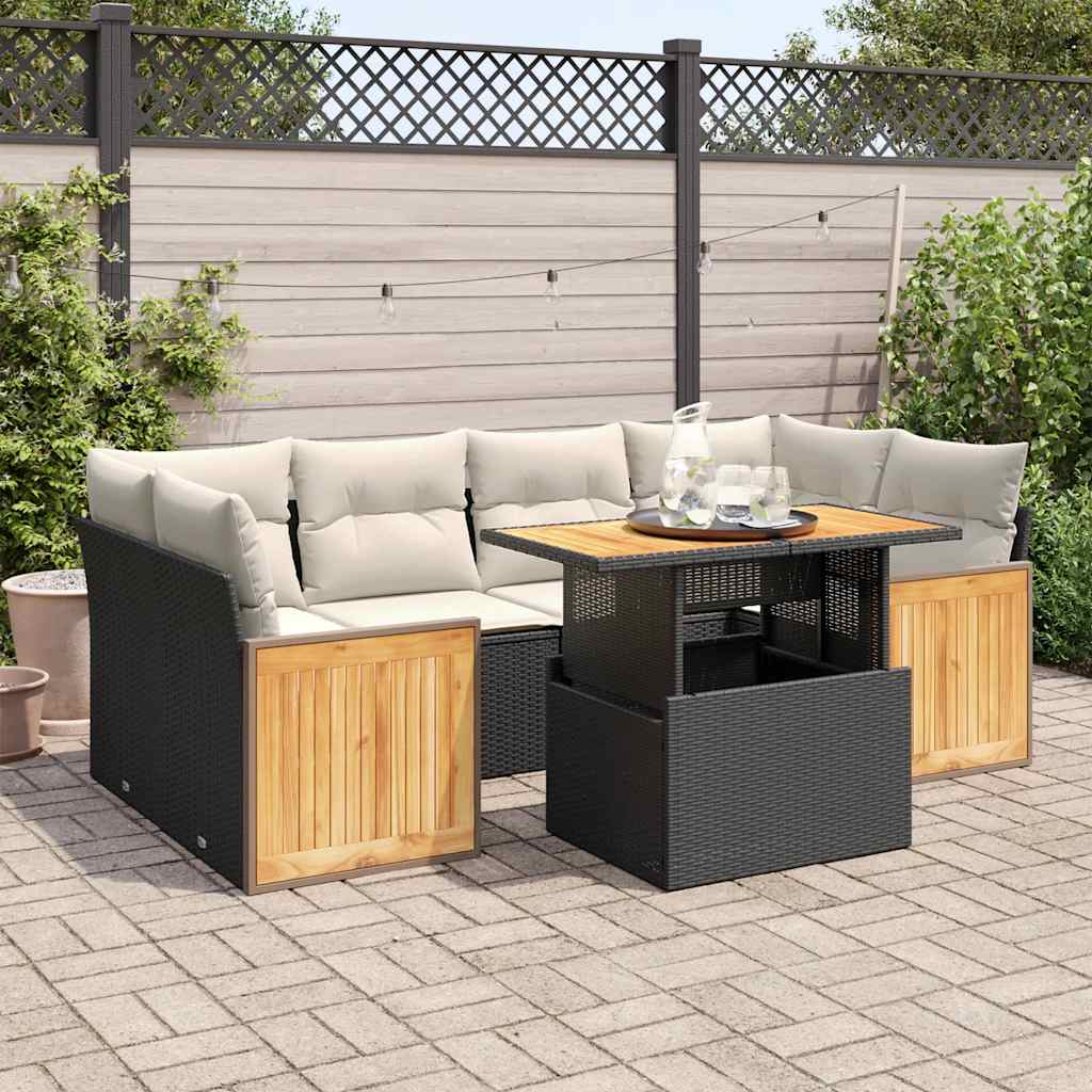 7 Pcs conjunto sofás jardim c/ almofadões vime PE/acácia preto