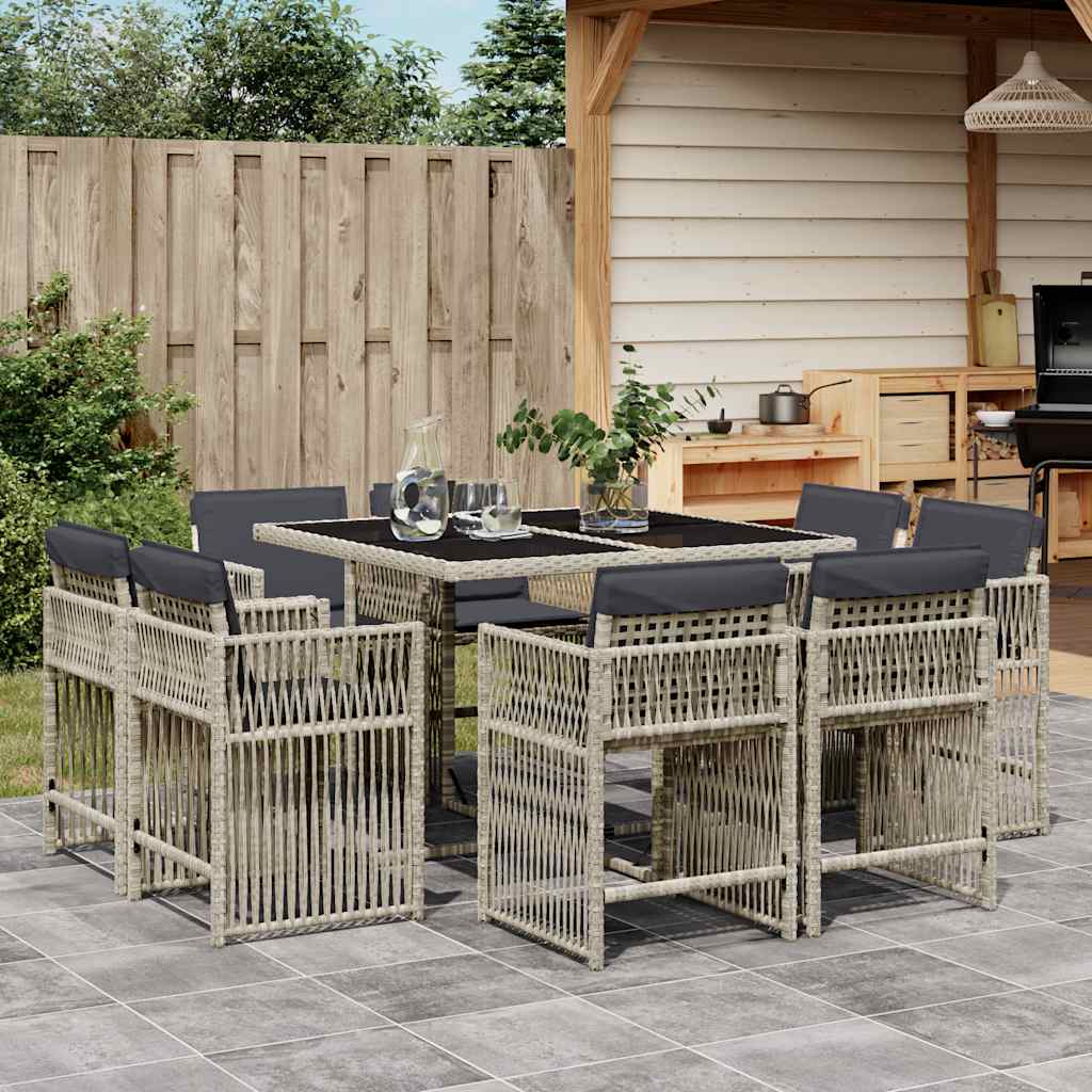 9 Pcs conjunto de jantar p/ jardim c/ almofadões cinzento claro