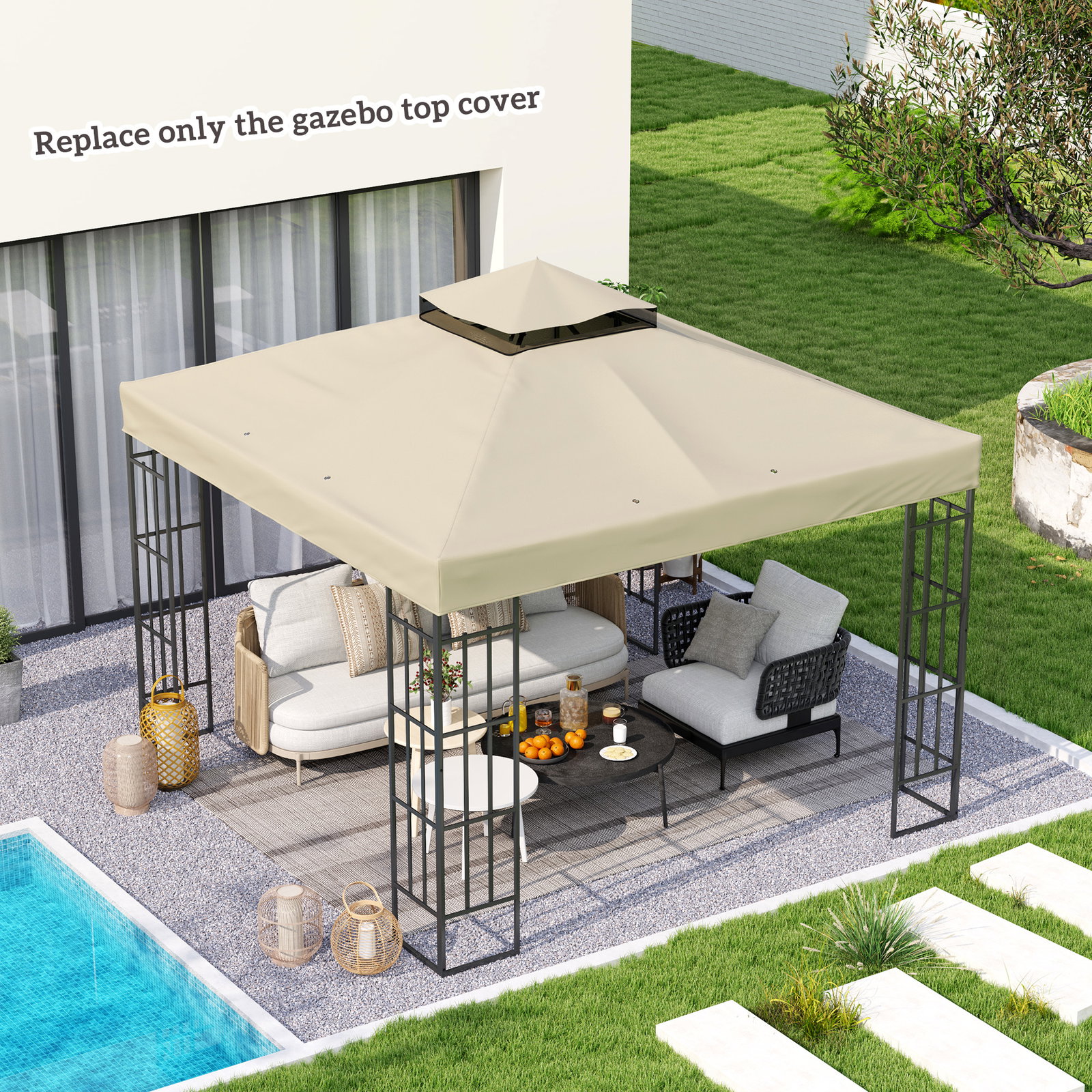 Toldo de substituição para pérgola 3x3 m toldo de substituição com teto duplo proteção UV 30+ toldo para pérgola creme