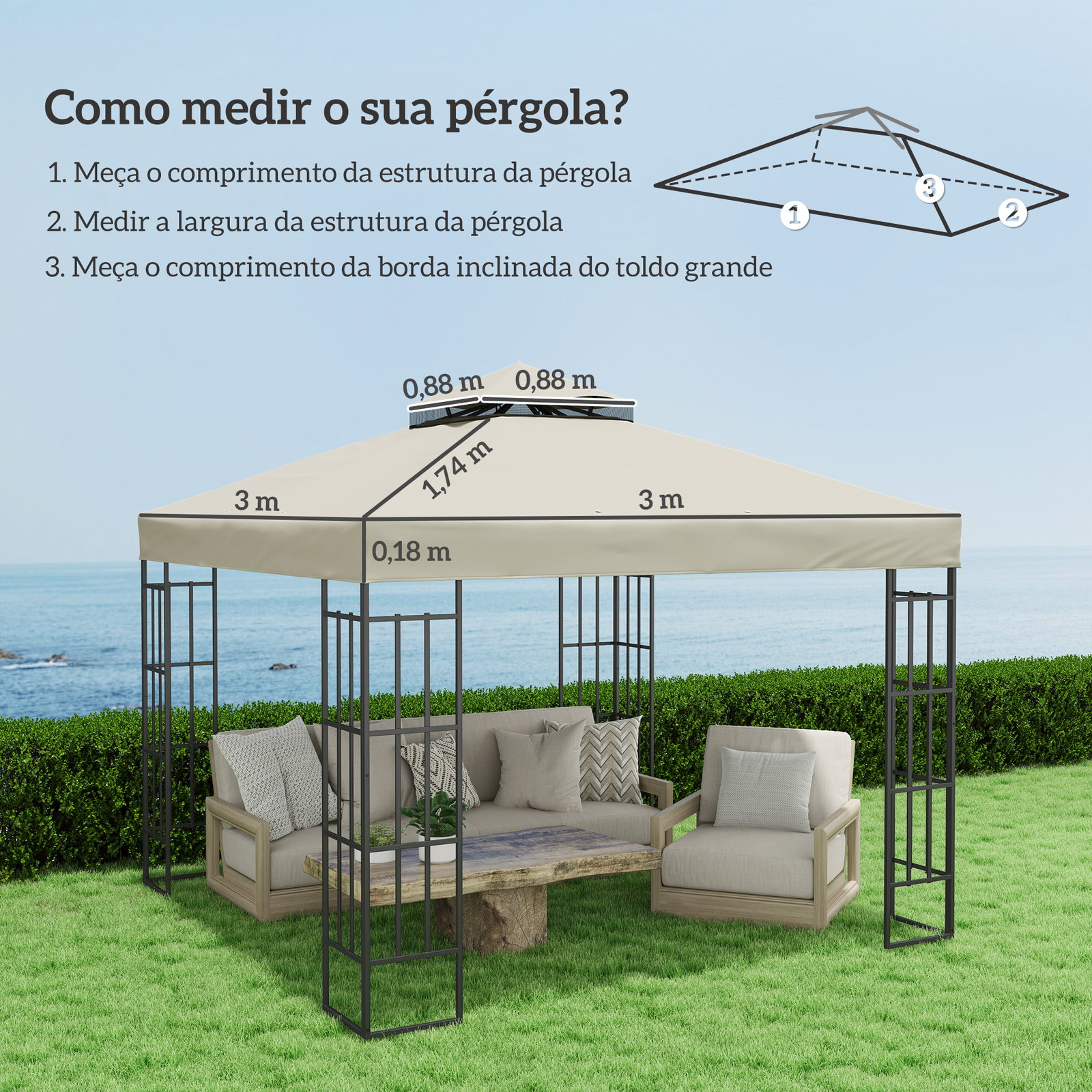 Toldo de substituição para pérgola 3x3 m toldo de substituição com teto duplo proteção UV 30+ toldo para pérgola creme