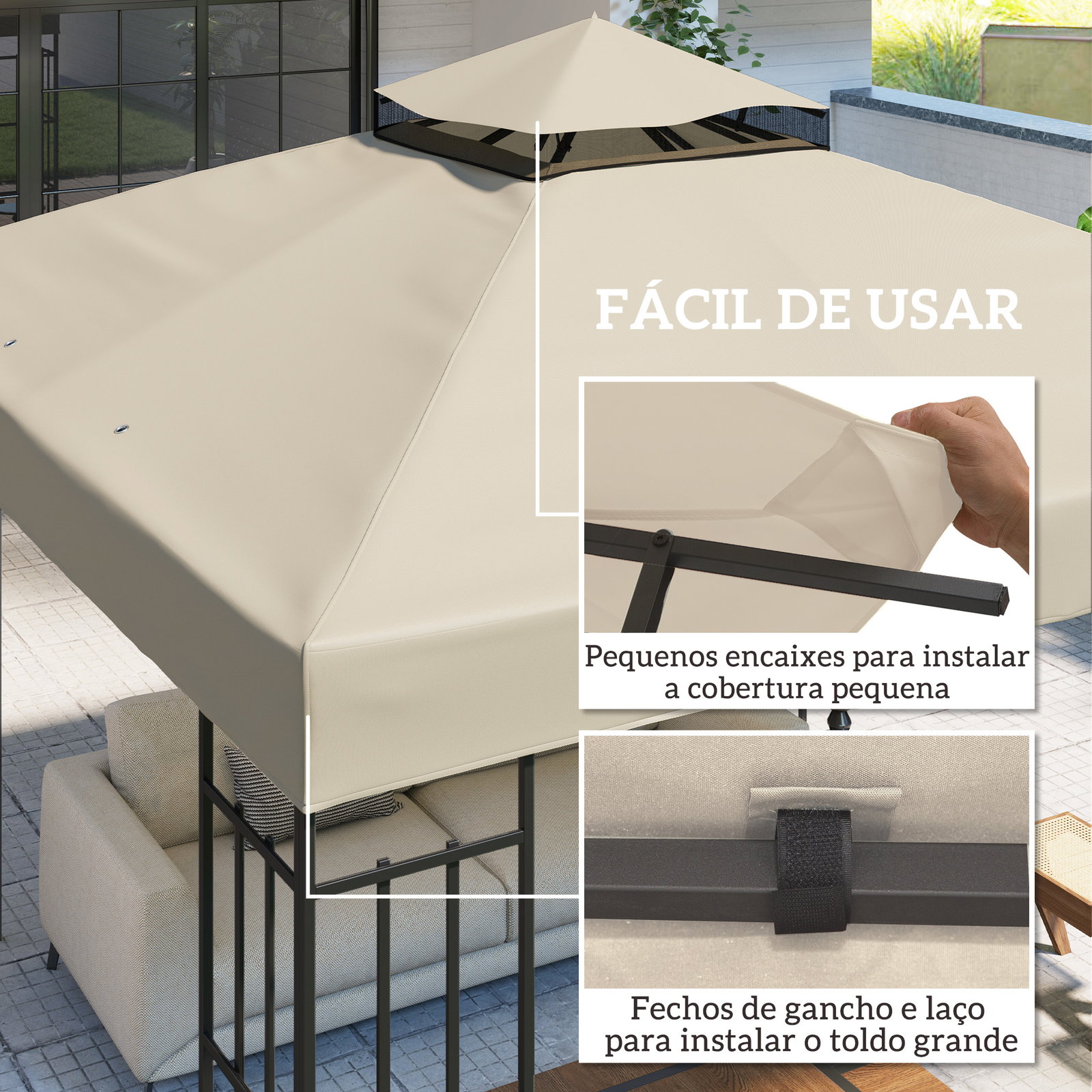 Toldo de substituição para pérgola 3x3 m toldo de substituição com teto duplo proteção UV 30+ toldo para pérgola creme