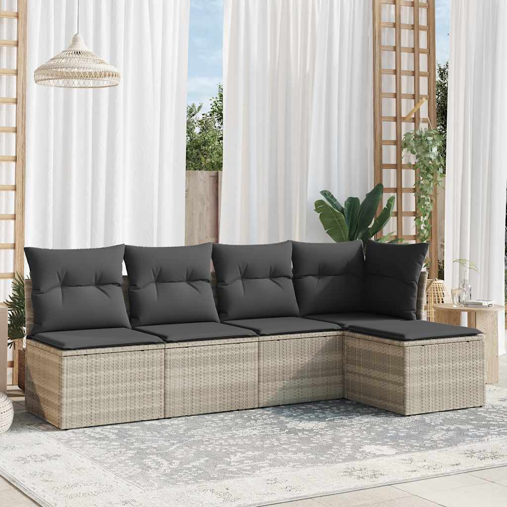 5 Pcs conj. sofás jardim c/ almofadões vime PE cinzento-claro