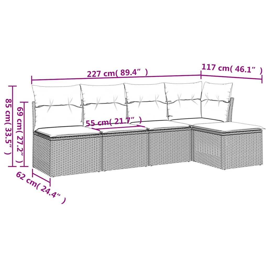 5 Pcs conj. sofás jardim c/ almofadões vime PE cinzento-claro
