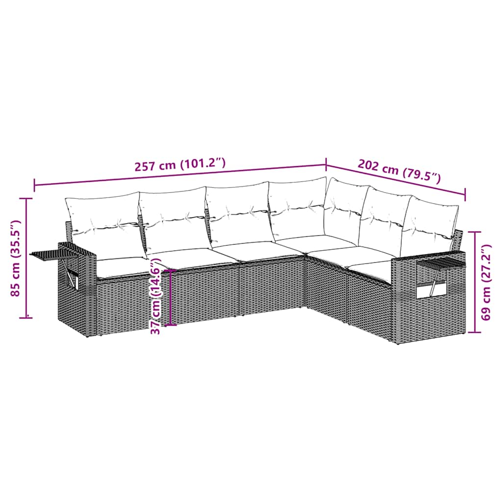 6 Pcs conjunto de sofás jardim c/ almofadões vime PE castanho