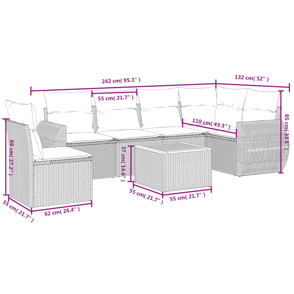 7 Pcs conjunto de sofás p/ jardim com almofadões vime PE bege