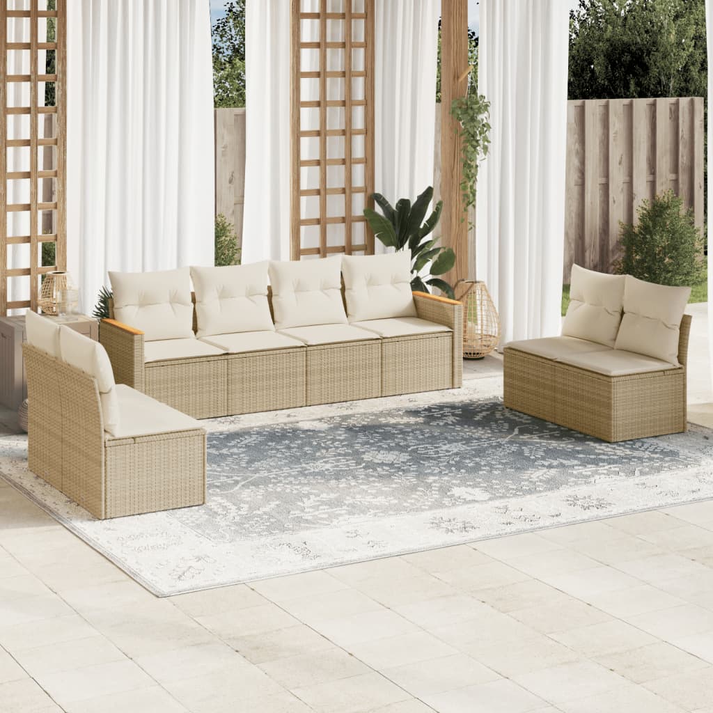8 Pcs conjunto de sofás p/ jardim com almofadões vime PE bege