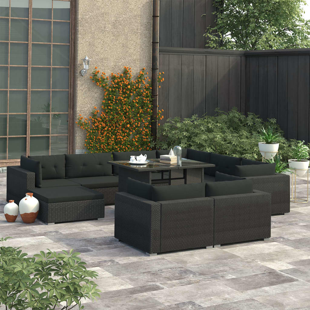 10 Pcs conjunto lounge de jardim c/ almofadões vime PE preto