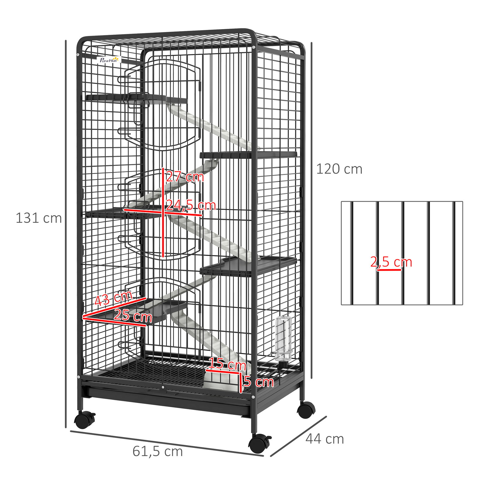 Gaiola para pequenos animais com 6 níveis gaiola para roedores com rodas rampa e bandeja amovível 61,5x44x131 cm preto