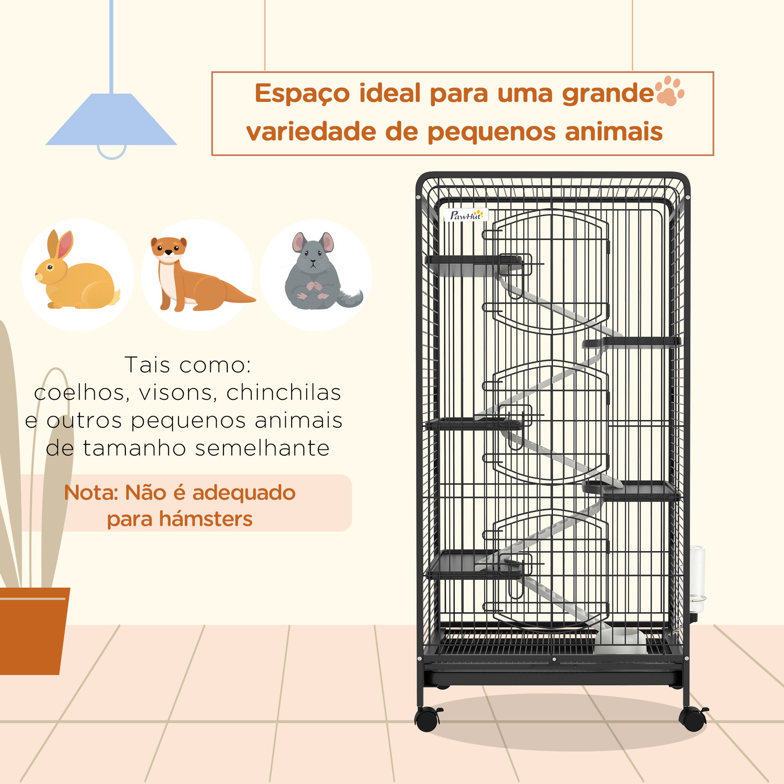 Gaiola para pequenos animais com 6 níveis gaiola para roedores com rodas rampa e bandeja amovível 61,5x44x131 cm preto