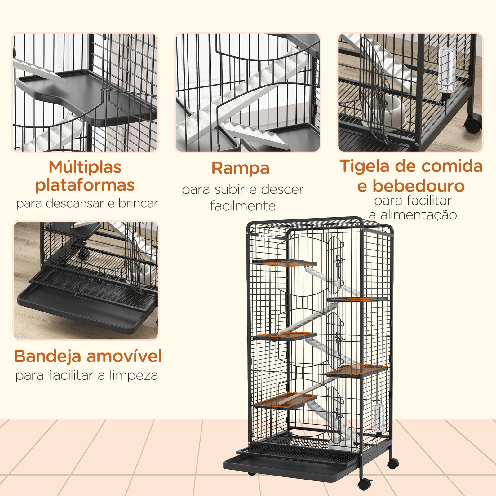 Gaiola para pequenos animais com 6 níveis gaiola para roedores com rodas rampa e bandeja amovível 61,5x44x131 cm preto