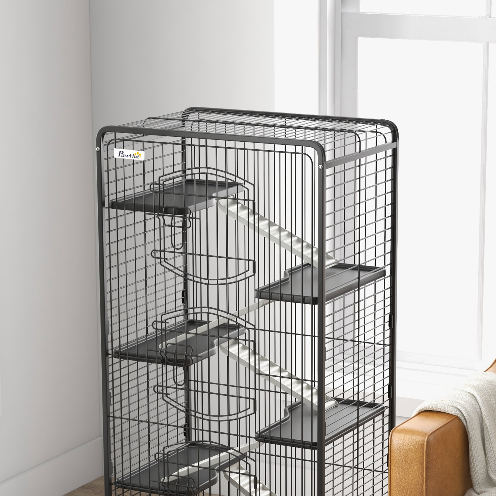 Gaiola para pequenos animais com 6 níveis gaiola para roedores com rodas rampa e bandeja amovível 61,5x44x131 cm preto
