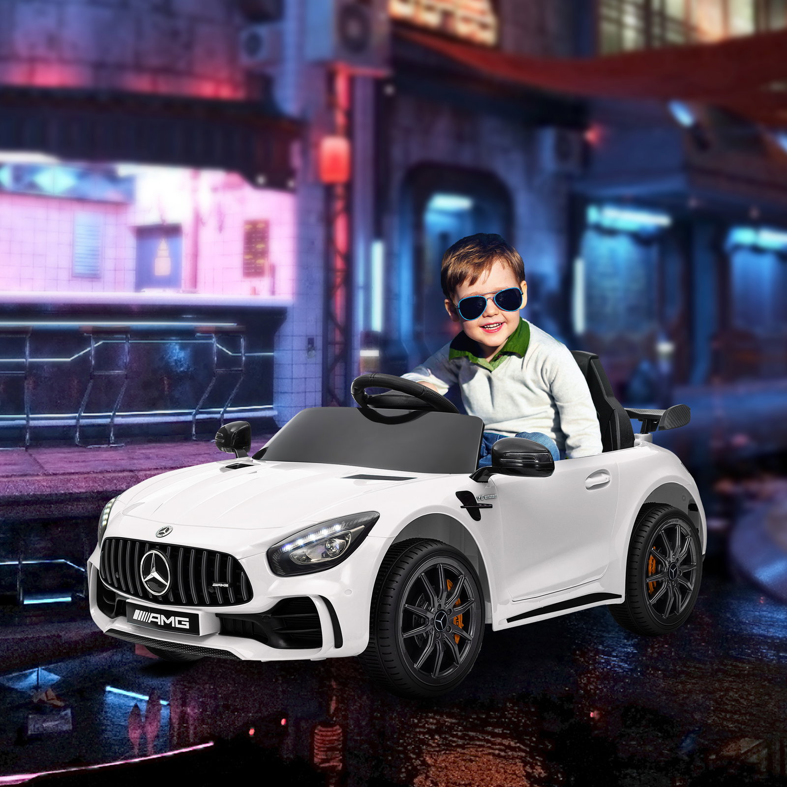 Carro elétrico para crianças carro mercedes-benz amg gtr com bateria 12v faróis buzina e música 108x67x46 cm branco