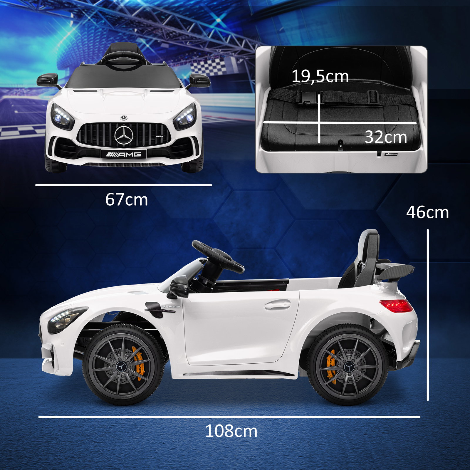 Carro elétrico para crianças carro mercedes-benz amg gtr com bateria 12v faróis buzina e música 108x67x46 cm branco