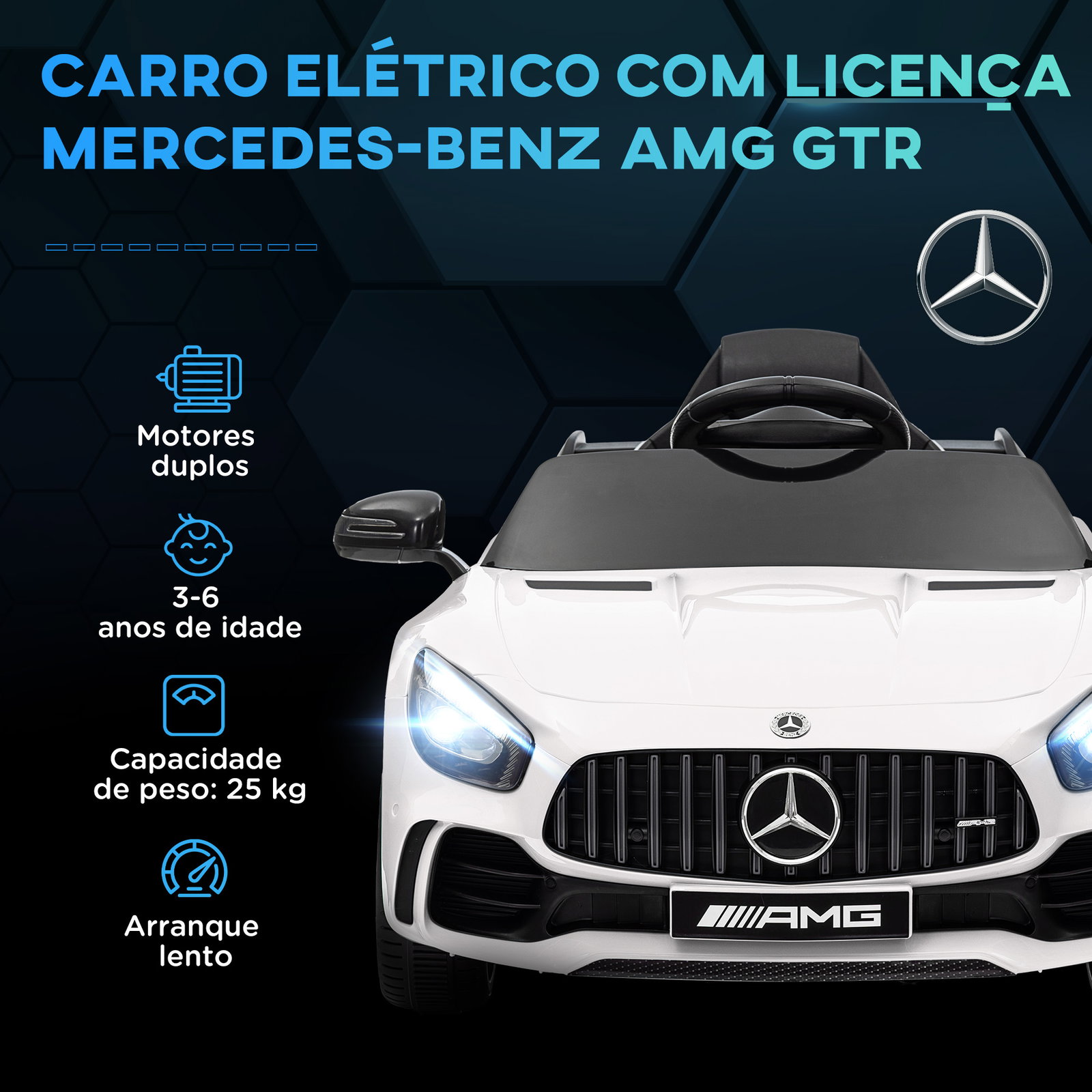 Carro elétrico para crianças carro mercedes-benz amg gtr com bateria 12v faróis buzina e música 108x67x46 cm branco