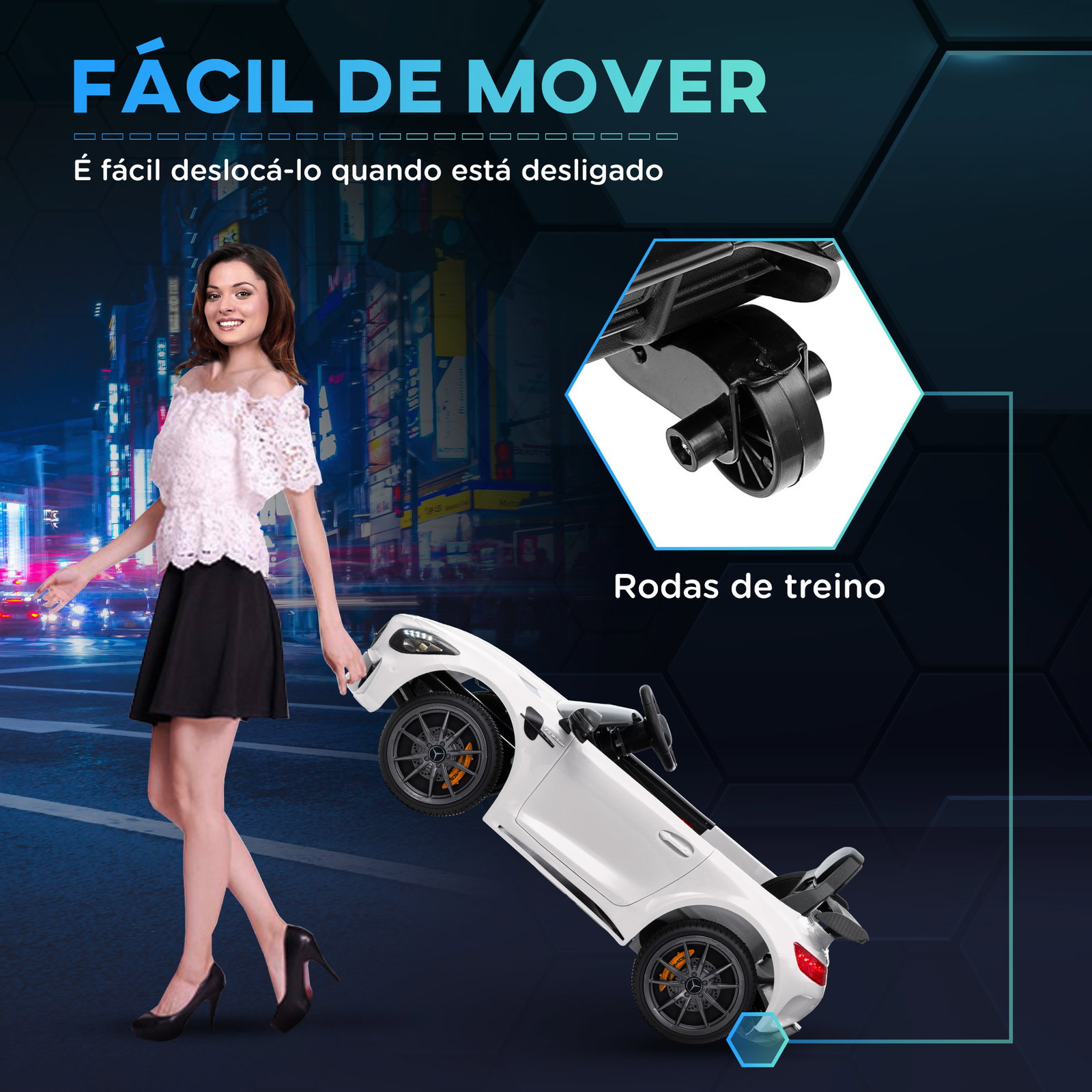 Carro elétrico para crianças carro mercedes-benz amg gtr com bateria 12v faróis buzina e música 108x67x46 cm branco