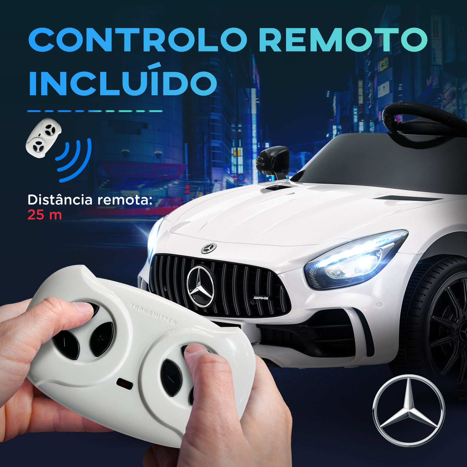 Carro elétrico para crianças carro mercedes-benz amg gtr com bateria 12v faróis buzina e música 108x67x46 cm branco