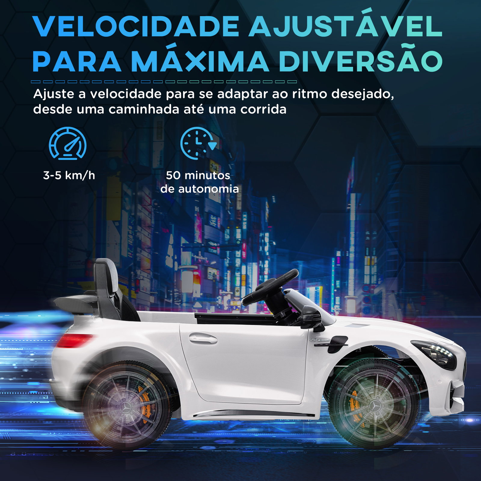 Carro elétrico para crianças carro mercedes-benz amg gtr com bateria 12v faróis buzina e música 108x67x46 cm branco