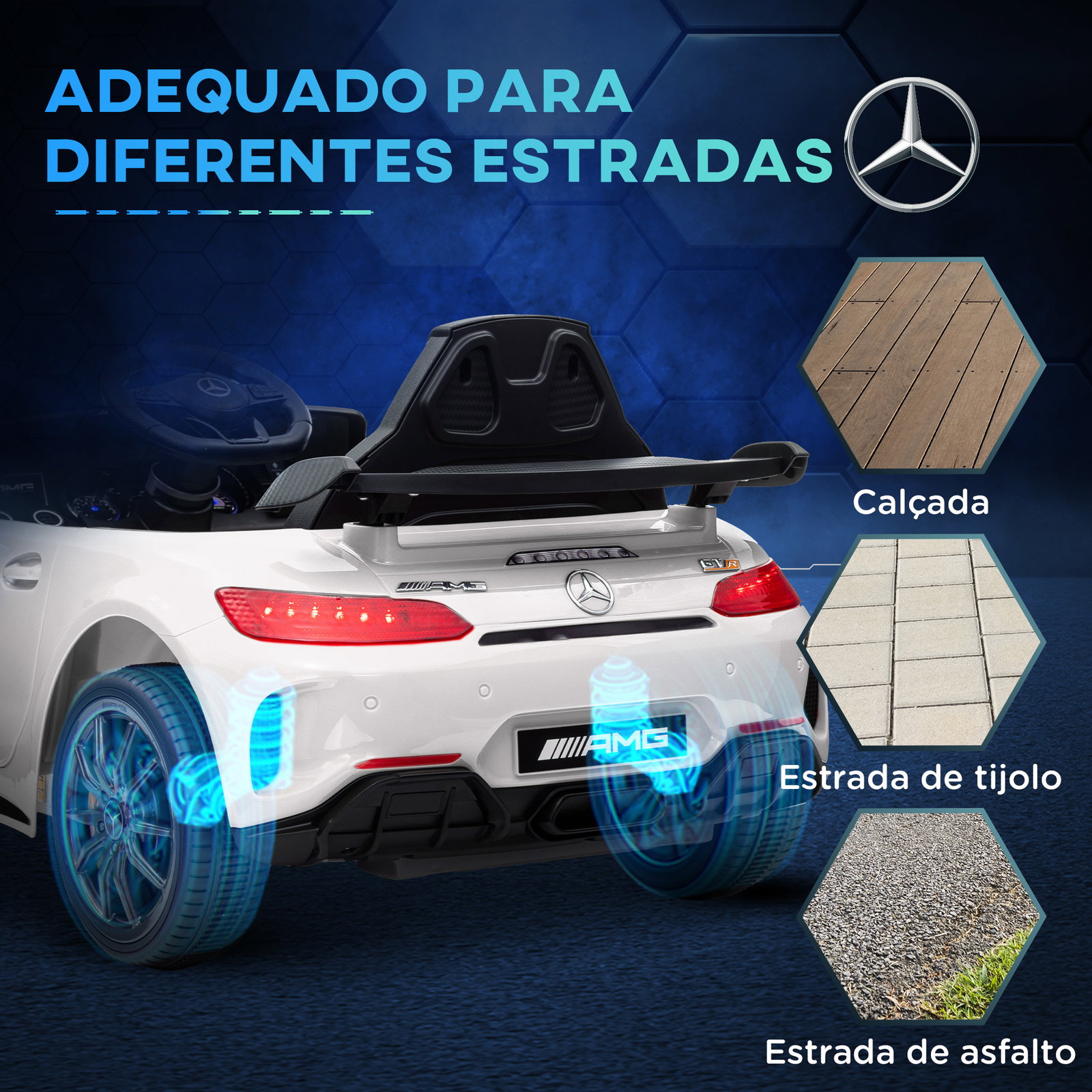 Carro elétrico para crianças carro mercedes-benz amg gtr com bateria 12v faróis buzina e música 108x67x46 cm branco