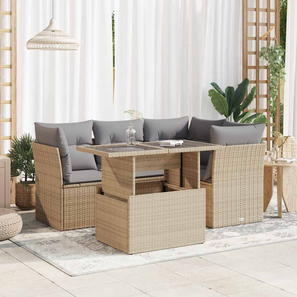 5 Pcs conjunto de sofás p/ jardim com almofadões vime PE bege