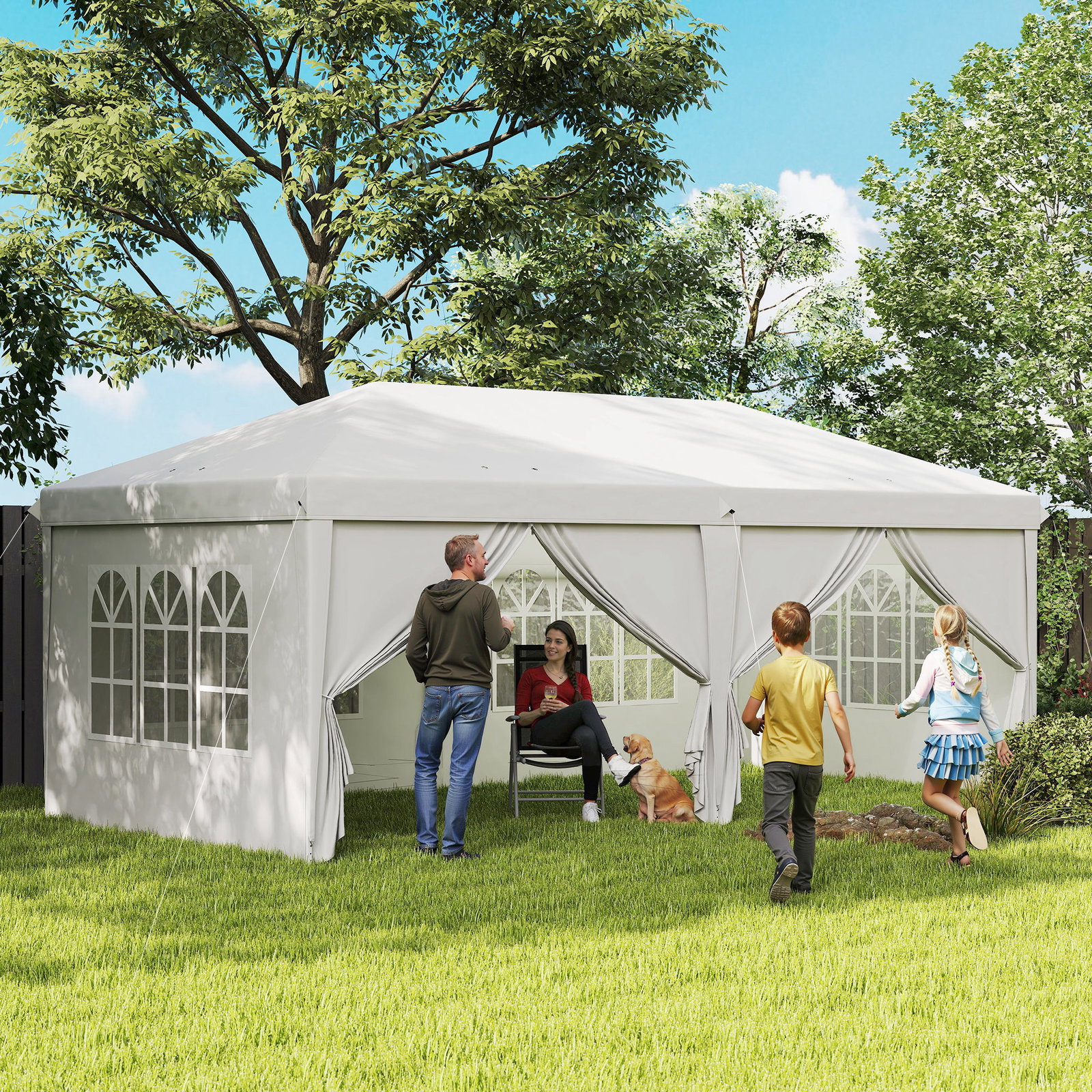 Tenda para festas 585x295x270 cm com paredes laterais amovíveis 2 portas com zíper 4 janelas e bolsa de transporte branco